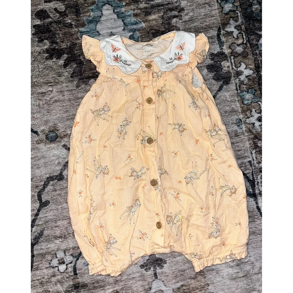Disney Baby Girl's Peach Bambi Print Floral Embroidered‎ Victorian Jumper 9-12M